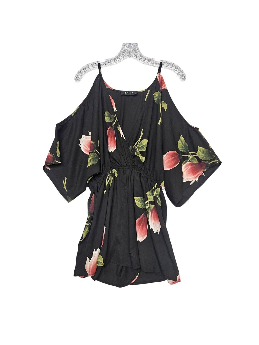 Akira Audrey 3+1 Black Tulip Floral Cold Shoulder Romper Size Medium